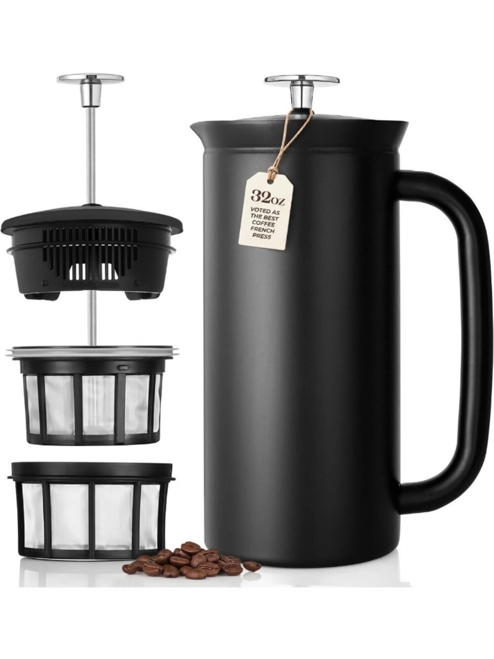 Stylish 32oz French Press Coffee Maker - Matte Black Stainless Steel, Perfect